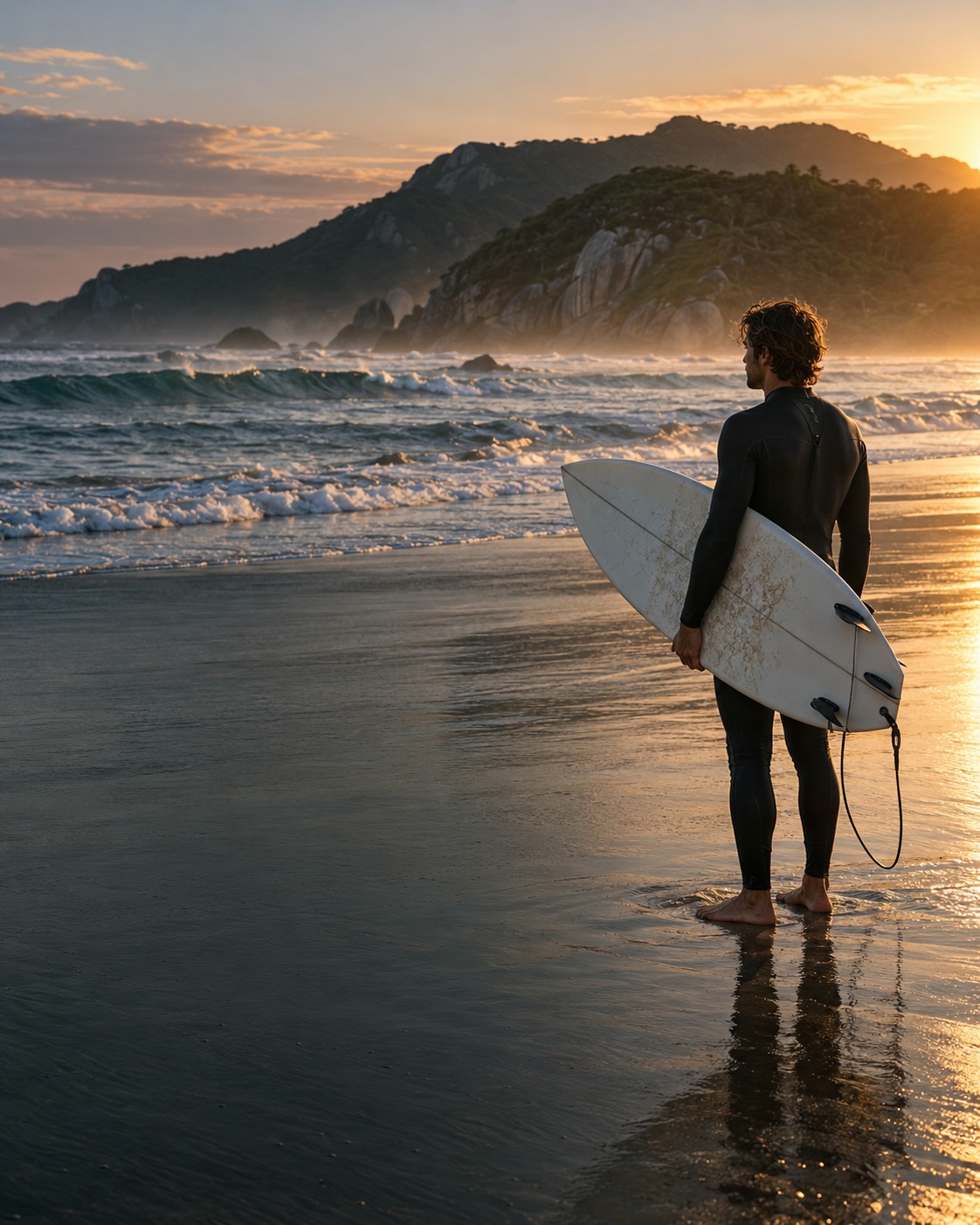 Imagem conceitual cinematográfica de um surfista de costas diante do mar ao entardecer; não representa as condições atuais do mar